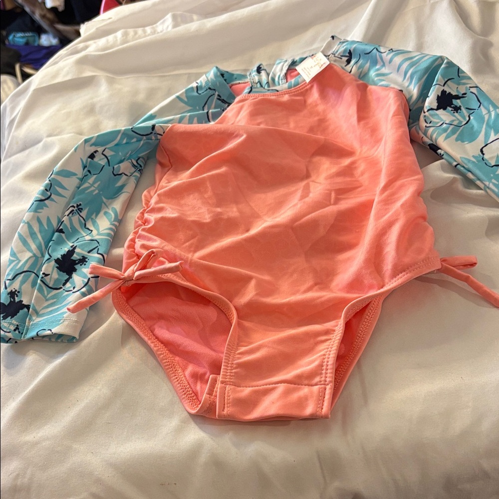 Cat & Jack Coral and Blue Floral Rashguard Swimsuit 2T